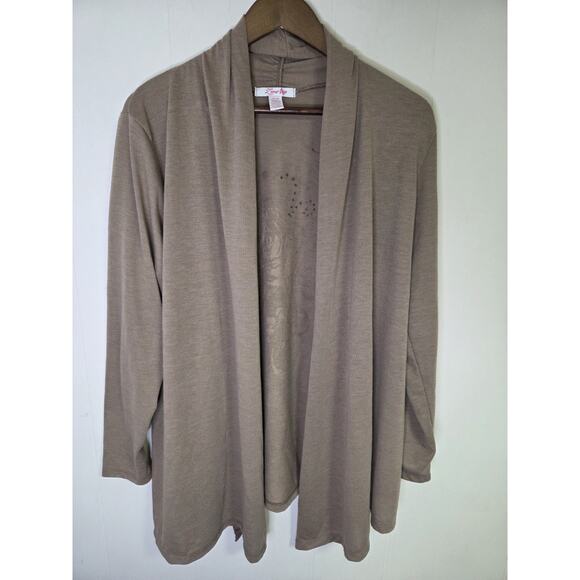 lena Sweaters - Lena Light Brown Open Cardigan Long Length Rose Design Size 14 16